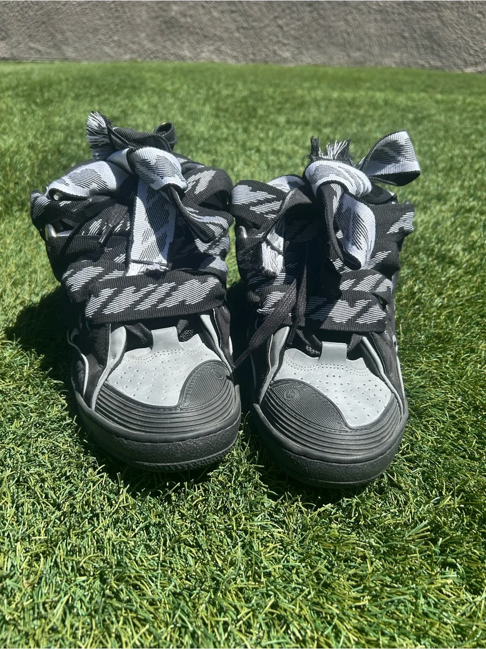 Lanvin Black and Gray High-Top Sneakers with Patterned Laces